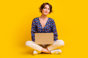 Full body length photo of young thoughtful programmer senior level back end developer looking novelty isolated on yellow color background