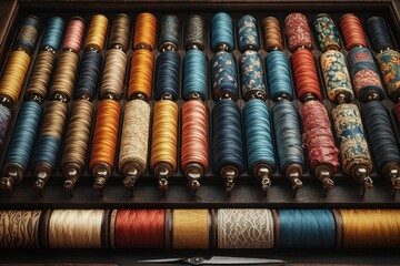 Poster - A Collection of Colorful Spools of Thread in a Wooden Box