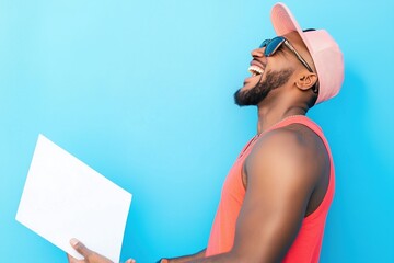 A man wearing a red tank top and sunglasses is holding a white piece of paper