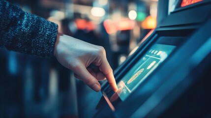 Poster - A hand is seen pressing a thumb on a fingerprint scanner located on a digital kiosk. The surroundings are bustling with people, creating a lively evening atmosphere