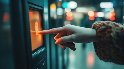 Poster - A person places their thumb onto a fingerprint scanner, highlighting the delicate ridges of their fingerprint while a vibrant urban backdrop adds depth to the moment