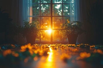 Wall Mural - Sunset Light Streaming Through a Window With Plants in Pots