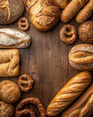 Wall Mural - table with various types of breads, including baguettes and loaves of white and dark bread, whole grain rolls, sweet pastries. delicious assortment