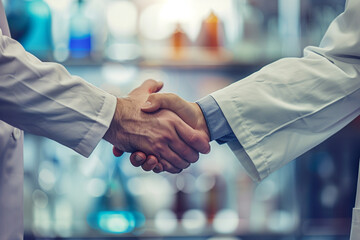 Two male professionals in white lab coats shaking hands, symbolizing collaboration in a laboratory setting.