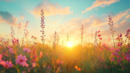 Wall Mural - Breathtaking summer view of flowering grass in a lush meadow bathed in the warm glow of sunrise