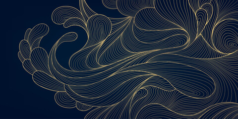 Poster - Vector line gold wave pattern, japanese art texture, organic shape banner. Vintage ornament poster, luxury wallpaper, sea nature curve illustration.