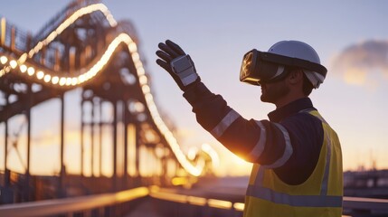 Poster - An engineer uses a virtual reality headset to examine a bridge design during sunset. The glowing details of the structure highlight innovative engineering possibilities