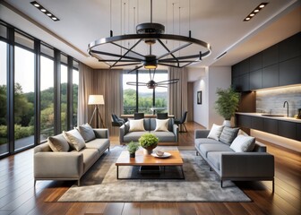 Wall Mural - Elegant Black Modern Light Fixture Hanging in a Contemporary Living Space, Showcasing Minimalist Design and Ambient Lighting with a Focus on Interior Decor Styles