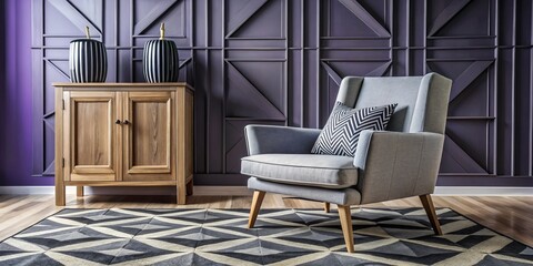 Poster - Elegant Gray Wooden Armchair on a Stylish Black and White Rug in a Creative Living Room with Geometric Violet Walls and Modern Cupboard for a Contemporary Interior Design Showcase