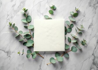 Sticker - Elegant Marble Paper and Eucalyptus Branches on a Soft Pastel Gray Background - Flat Lay Composition for Minimalist and Nature-Inspired Aesthetic