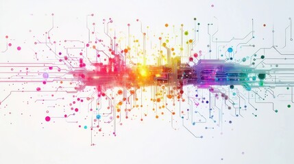 Poster - computer motherboard with colorful electronic pulses running through its pathways on a minimalistic