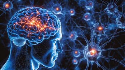 Poster - A realistic representation displays a man's head alongside vibrant neuron-like formations, depicting the complex interactions and activity within the brain
