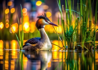 Canvas Print - Great Crested Grebe Camouflaged Among Reeds in an Urban Wetland Landscape, Showcasing Nature's Beauty Amidst the Cityscape with Vibrant Colors and Textures