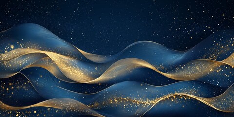 Poster - Elegant blue and gold abstract waves with shimmering details creating a dynamic visual flow against a dark background
