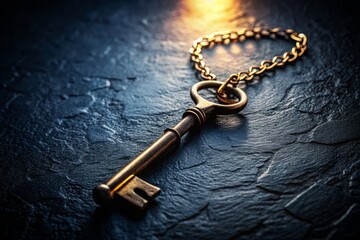 Sticker - Low Light Photography of a Key on a Chain Set Against a Black Textured Backdrop Perfect for Creative Copy Space and Minimalistic Designs