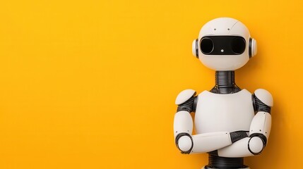 Poster - a friendly robot stands with crossed arms against a bright yellow background, showcasing a modern an