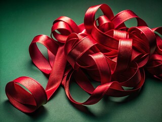 Sticker - Macro Photography of Messy Red Ribbon Intertwined on a Dark Green Background, Capturing the Intricate Details and Textures of the Fabric in Stunning Clarity