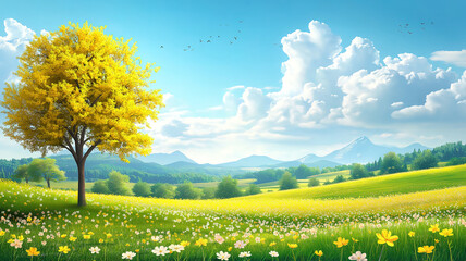 Wall Mural - bright and cheerful vector illustration of a spring landscape with a clear sky and green meadows