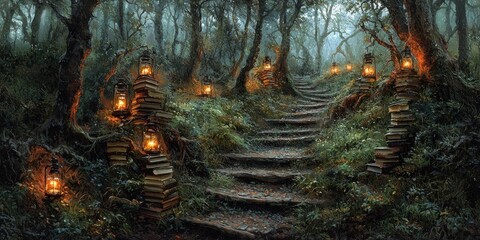 Poster - A Mystical Forest Path Illuminated by Lanterns and Books