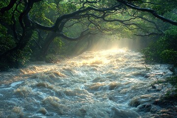 Poster - Sunlit Stream Flowing Through Lush Green Foliage