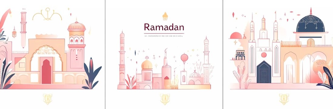 Set of simple line art vector designs with Ramadan elements, minimalistic and flat style, pastel color palette