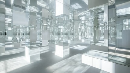 Fototapete - A reflective labyrinth of mirrors arranged in a grid pattern, with white surfaces casting intricate light and shadow patterns throughout.
