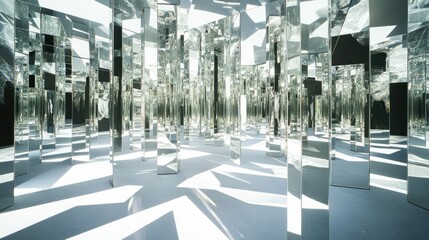 Fototapete - A reflective labyrinth of mirrors arranged in a grid pattern, with white surfaces casting intricate light and shadow patterns throughout.