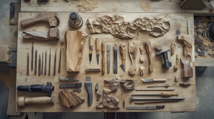 A top-down view of wood carving tools arranged on a workbench, with wood pieces around them. The focus is on the tools' design and sharpness.