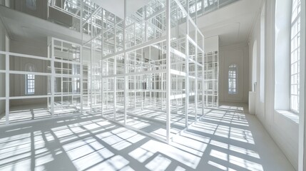 Fototapete - A white grid labyrinth with mirrors reflecting light and casting intricate shadows, creating a modern and surreal environment.