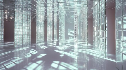Fototapete - A white grid labyrinth with mirrors reflecting light and casting intricate shadows, creating a modern and surreal environment.