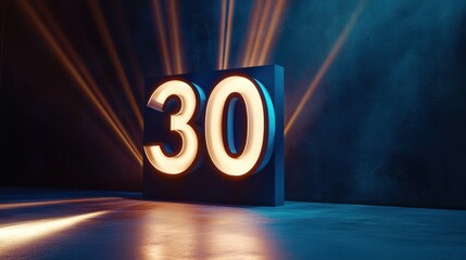 Poster - The number thirty stands boldly on a sleek surface, glowing with warm light, while rays of illumination cascade around it, creating a captivating atmosphere