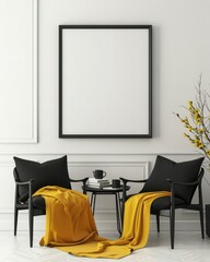 A minimalist living room interior with two black leather chairs. a black frame. a gold floor lamp. a coffee table. and a yellow blanket