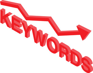 Poster - Red arrow pointing down over 3d text keywords, concept of keywords losing importance