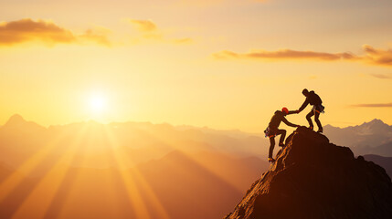 Two climbers assisting each other on a jagged mountain peak, sun setting behind them casting a golden glow, vast mountain range in the background, teamwork and adventure