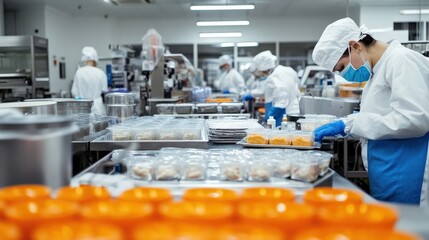 Poster - Workers in a food factory focus intently on preparing and packaging ready-made meals. This bustling environment features organized workstations and efficient processes