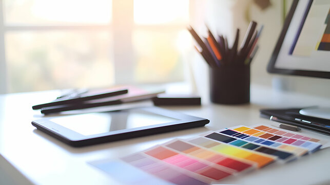 A white desk with a tablet, color swatches, pencils and a computer screen.