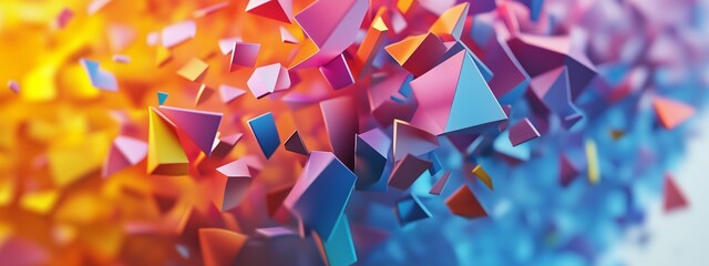 Poster - Colorful geometric shapes floating and colliding in a vibrant 3D space with a gradient background showcasing energy and movement