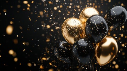 Wall Mural - Shiny black and gold balloons with confetti on a black background for Black Friday banners.