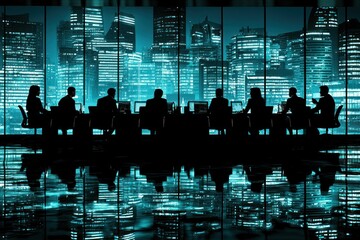 Poster - Silhouettes of Business Professionals Working in an Office with a Nighttime Cityscape View