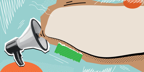 Poster - Halftone loudspeaker banner. Megaphone announce sale pop art collage, loud speaker public speech message marketing offer social media promotion vintage exact vector illustration