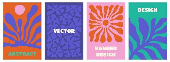 Poster - Vector simple minimal backgrounds  in  bold colors, simple wavy and groovy naive style, flowers and plants, floral botanic hand drawn design templates, frames and modern wall art prints, posters