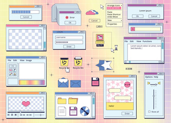 Fototapete - Browser retro screens. Vintage interface window web screen, pc 90s cyberspace website message folder tab programming hipster desktop 80s y2k internet kit classy vector illustration