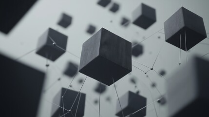 Poster - three-dimensional black cubes suspended in a digital space connected by thin lines, creating a futur