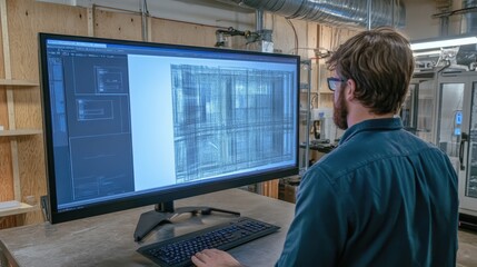 Poster - An engineer focuses intently on detailed mechanical designs displayed on a large monitor in a modern laboratory, enhancing project outcomes through careful analysis