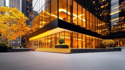 Poster - A sophisticated office building background with large windows and modern design elements, perfect for promoting corporate identity, professional services, or architecture.