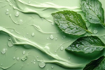 Poster - Green Leaves and Water Droplets on a Smooth Green Surface