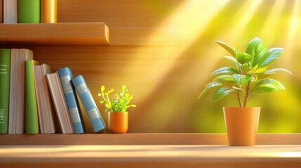 Poster - An office background featuring a stylish bookshelf filled with books, plants, and decorative items, perfect for showcasing a sophisticated and intellectual workspace.