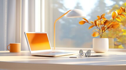 Poster - A light-filled office background showcasing minimalist design, soft colors, and comfortable workspaces, ideal for conveying a sense of calm and creativity.