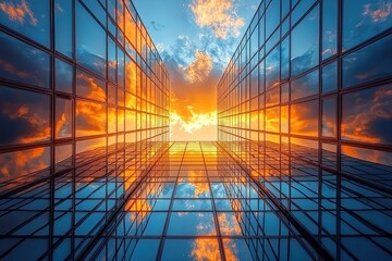 Aufkleber - A low-angle view of a skyscraper's glass facade reflecting a fiery sunset sky.