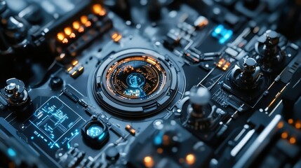 Poster - A complex high-tech device is displayed, featuring intricate circuitry and illuminated parts, highlighting advanced technology in a contemporary setting